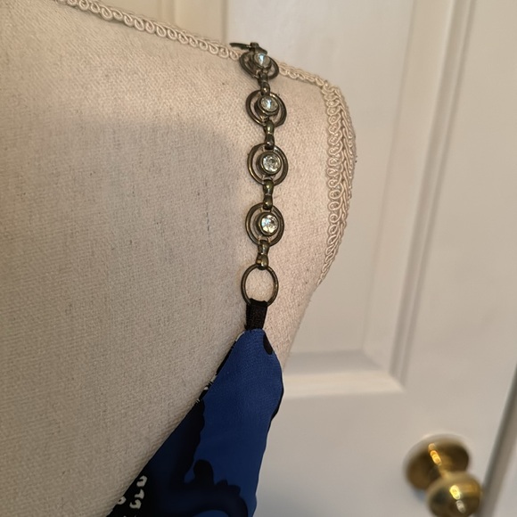 Caché Vintage Cobalt, Navy, Black & White Floral Top w/ Jeweled Straps - Picture 5 of 12